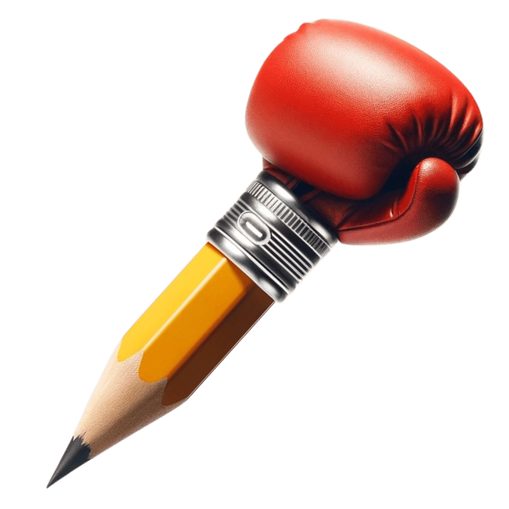 Creative pencil with a boxing glove on its eraser end, symbolizing the power of writing and creativity, set against a pure white background with no shadows.